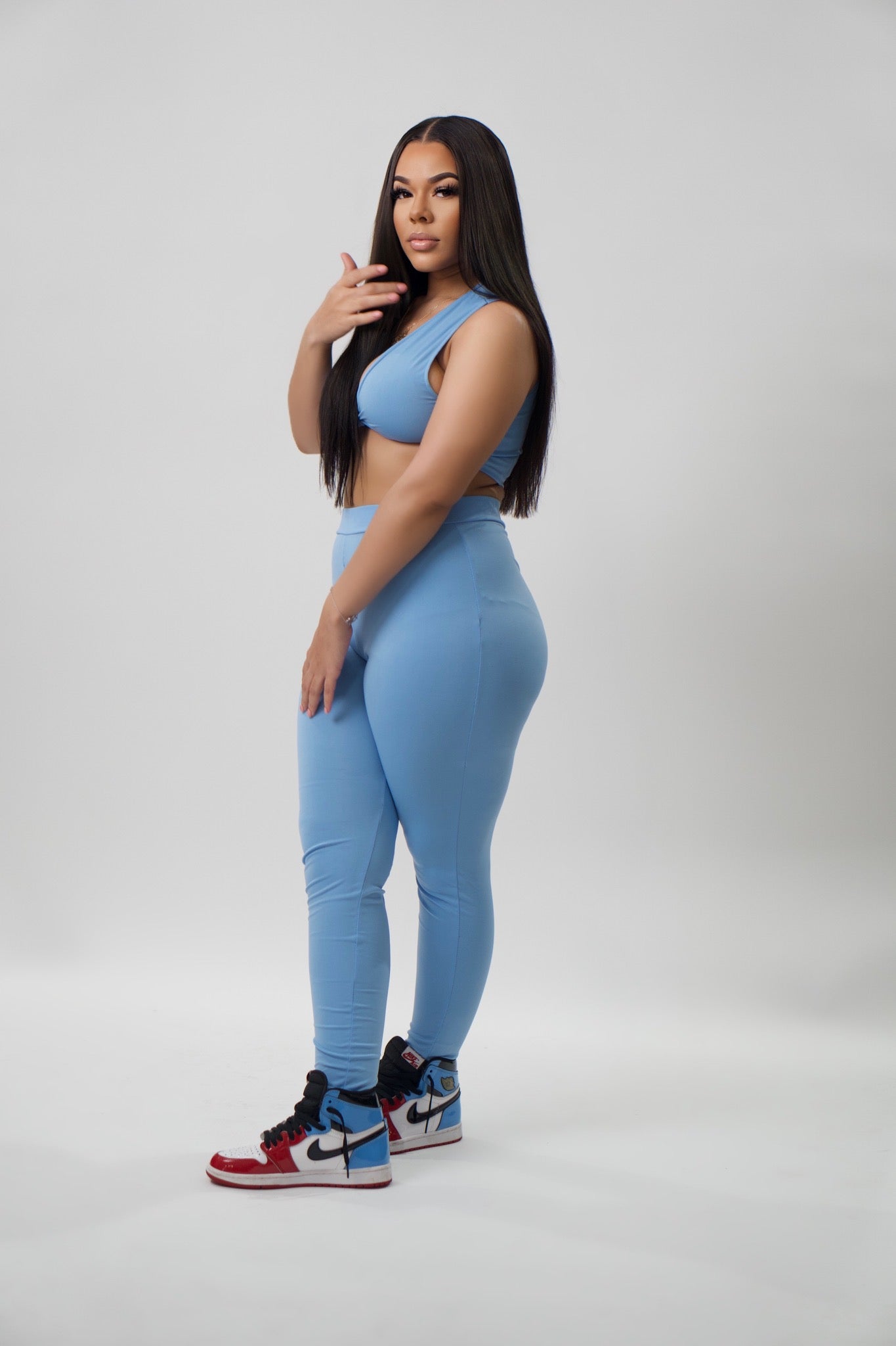 Blue V Neck Cropped Top Skinny Legging Set