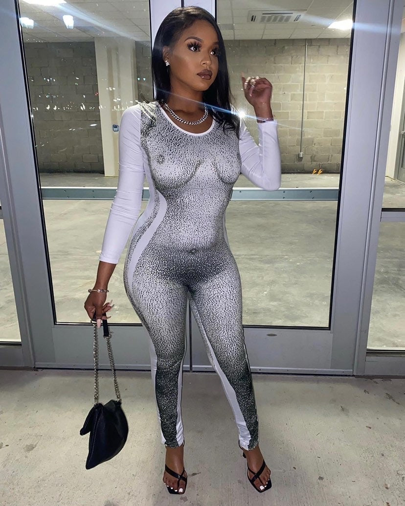 GREEN Long Sleeve Printed Bodycon Jumpsuit