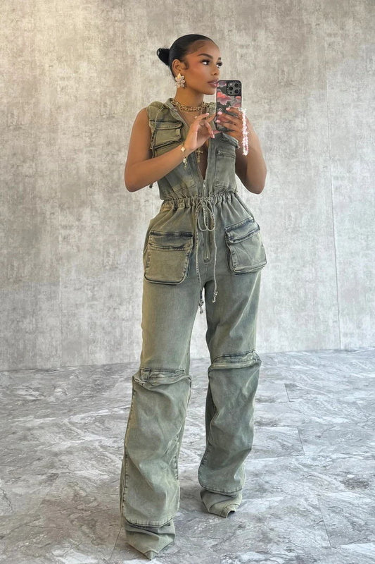 Denim Cargo Jumpsuit