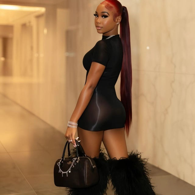 Black Short Sleeve Snatched Dress