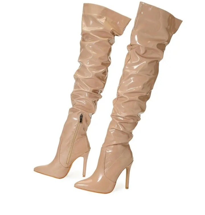 High Heel Boots For Women's Patent Leather Pleated Design Over The Knee