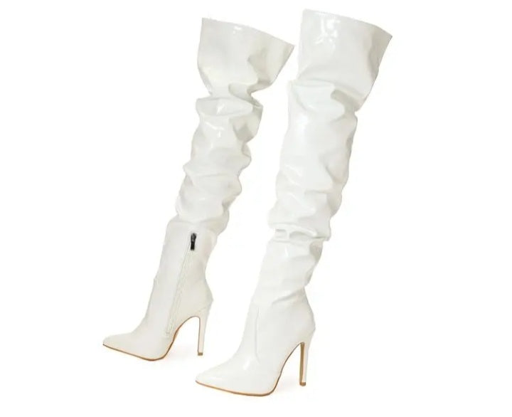 High Heel Boots For Women's Patent Leather Pleated Design Over The Knee